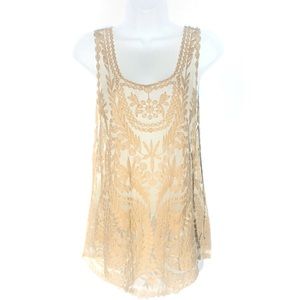 PRETTY! Pink Melo Cream Sheer Boho Lace Mesh Romance top Size L Festival Fashion